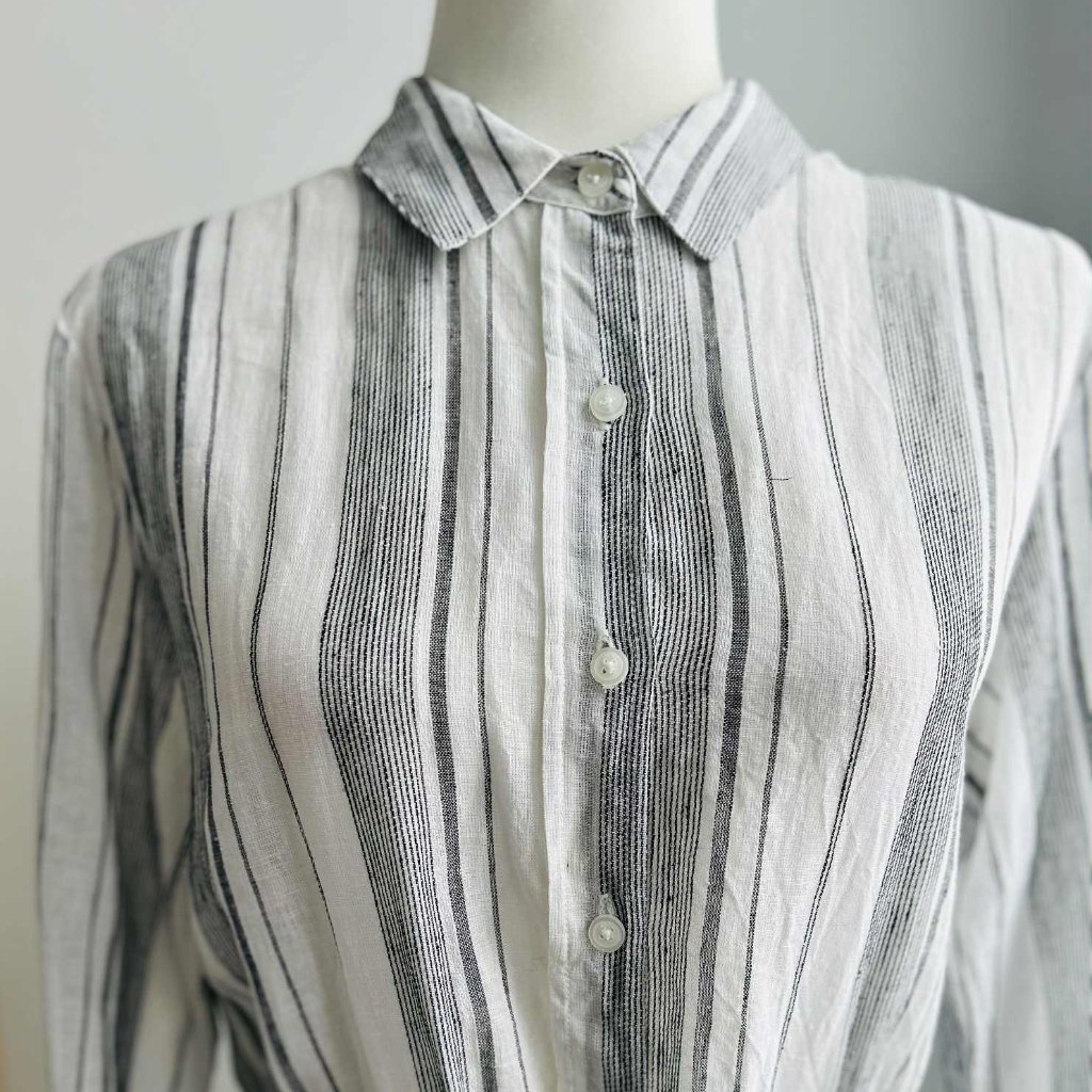 Dkny Black & White Striped Linen-Cotton Midi Shirt Dress With Pockets Us M